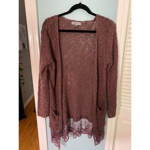 Mia & Tess Eggplant Cardigan chunky open weave, with lace on the bottom SZ M